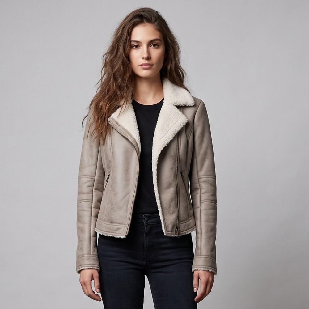Hollister Faux Shearling Suede Aviator Moto Jacket Beige Tan Cream Sherpa Sz S